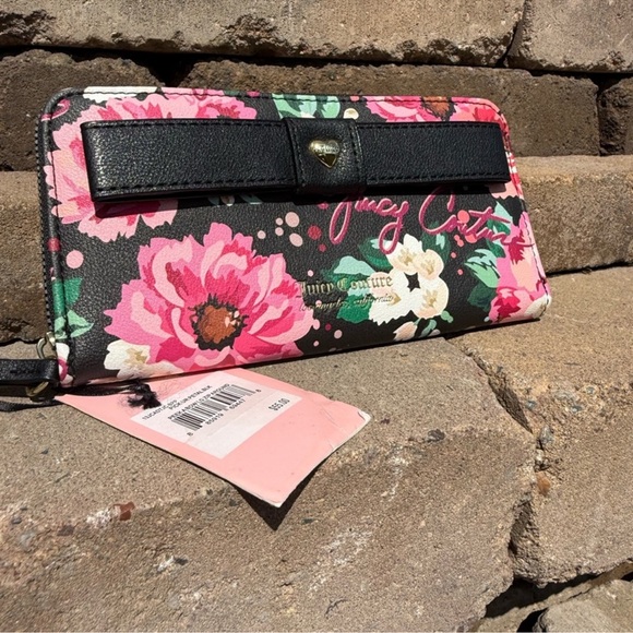 NWT! Juicy Couture Floral Wallet Black and Pink Bow - Picture 4 of 5